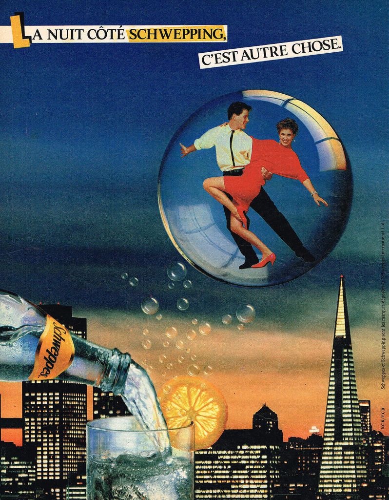 Publicité Schweppes - La nuit côté Schwepping, c'est autre chose - Couple - bulle - Ville - Agence NCK / FCB - 1984