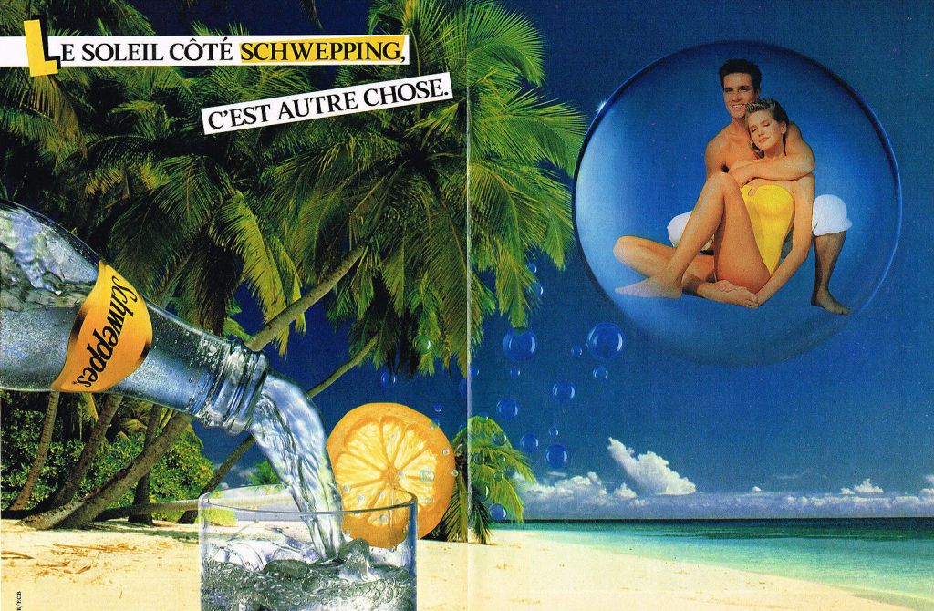 Publicité Schweppes - Le soleil côté Schwepping, c'est autre chose - Couple - bulle - Plage paradisiaque - Agence NCK / FCB - 1984