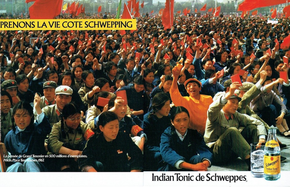 Publicité Schweppes - Prenons la vie côté Schwepping - Chinois - Livre rouge - La pensée du Grand Timmonier en 500 millions d'exemplaires, place Tien Anmen, 1967 - Agence FCB - 1985