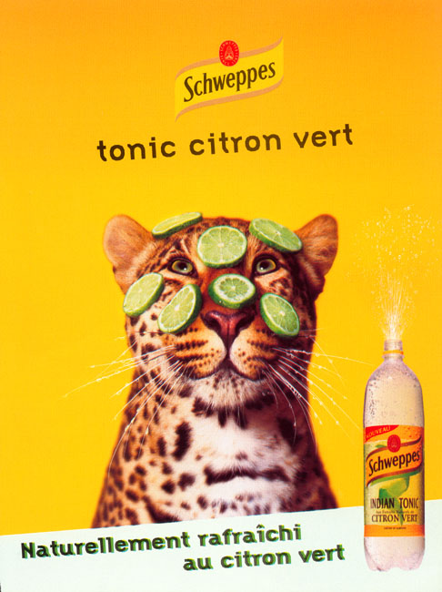 Publicité Schweppes - Panthère - Tonic Citron vert - Masque aux citrrons - Naturellement rafraîchi au citron vert - Young&Rubicam - 1999