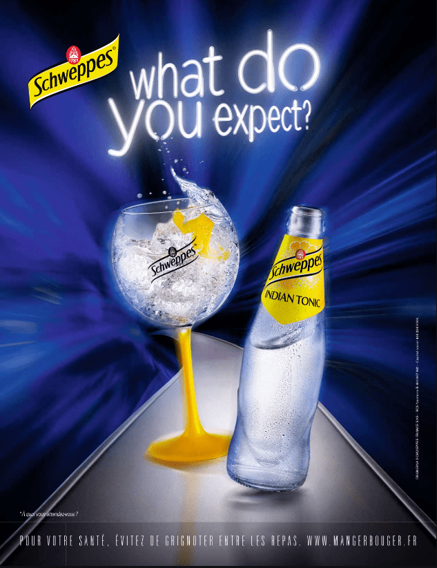 Publicité Schweppes - What do you expect ? - Verre - Bouteille Indian Tonic - mouvement - 2019