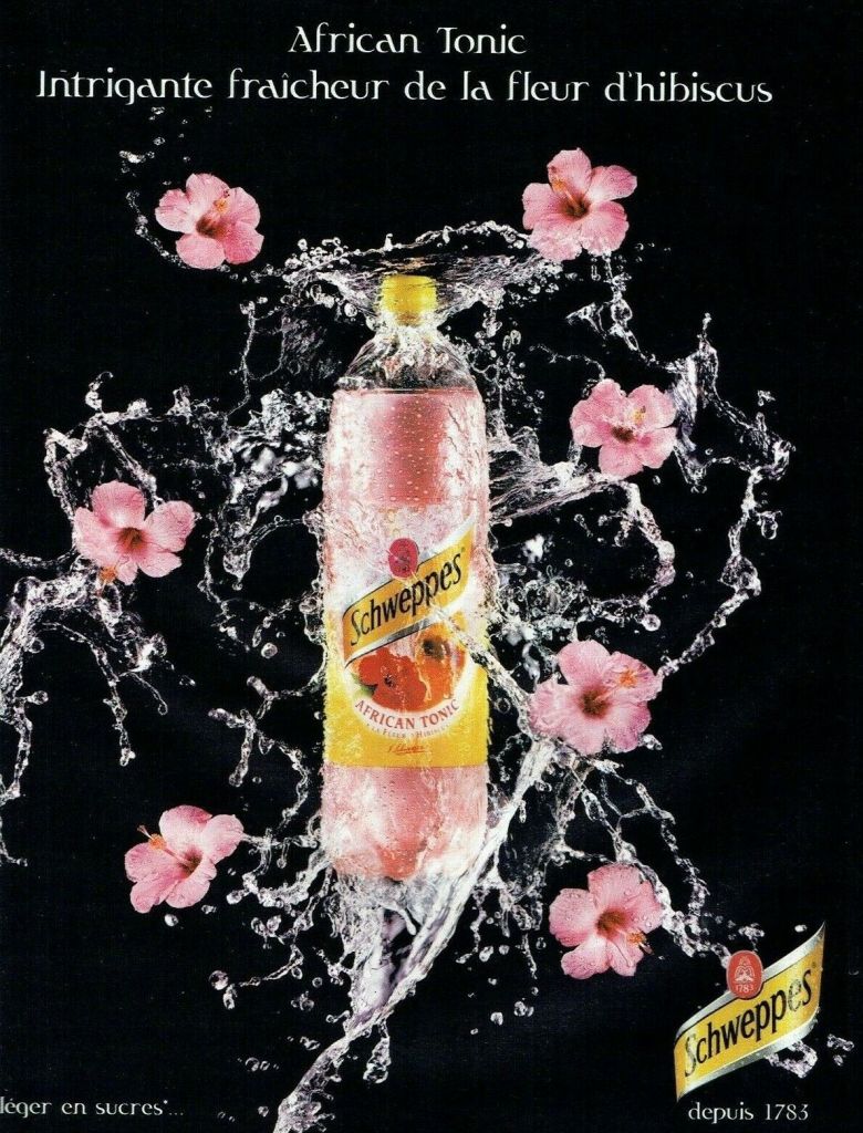 Publicité Schweppes - African Tonic - Bouteille - eau - Fleurs d'hibiscus - Intrigante fraîcheur de la fleur d'hibiscus - 2005