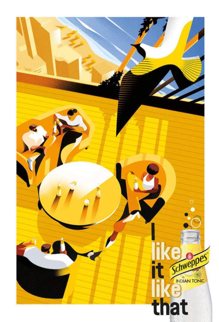 Publicité Schweppes - I like it like that - Indian Tonic - illustration - Terrasse - 4 personnes - TBWA - 2021