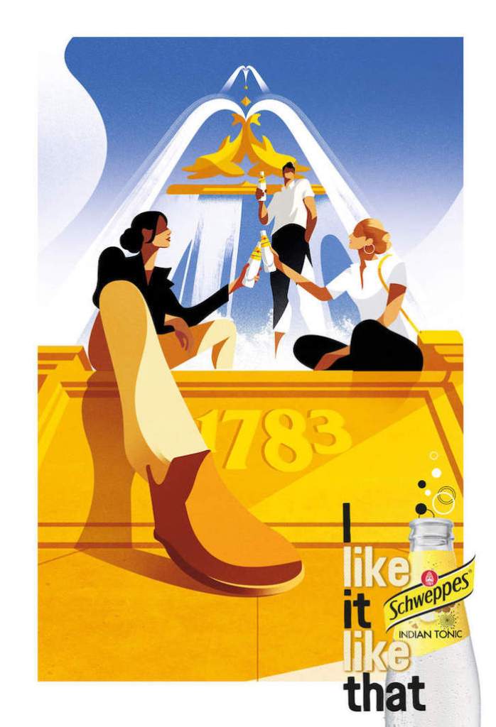 Publicité Schweppes - I like it like that - Indian Tonic - illustration - Fontaine- 1783 - 3 personnes - TBWA - 2021