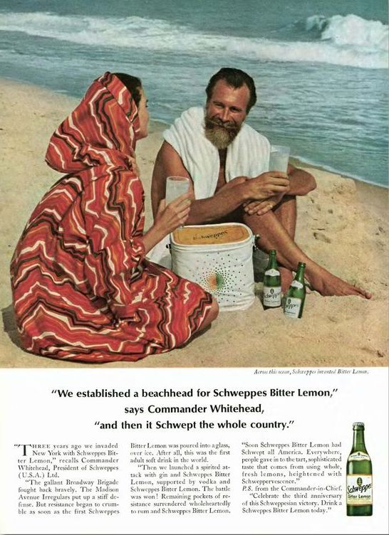 Publicité Schweppes - Commander Whitehead - Agence Ogilvy - Années 50/60 - We etablished a beachhead for Schweppes Bitter Lemon