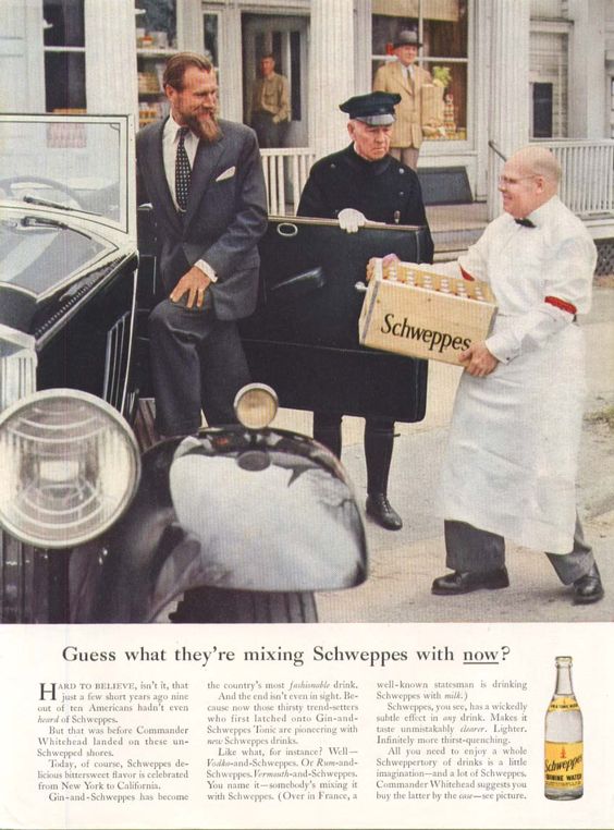 Publicité Schweppes - Commander Whitehead - Agence Ogilvy - Années 50/60 - Guess what they're mixing Schweppes with now