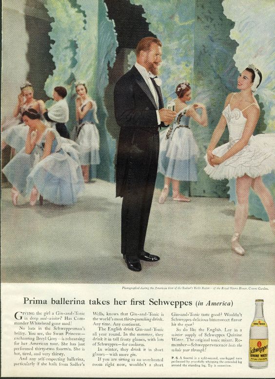 Publicité Schweppes - Commander Whitehead - Agence Ogilvy - Années 50/60 - Prima ballerina takes her first Schweppes (in America)