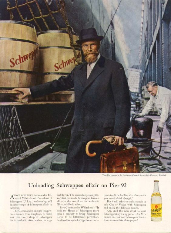 Publicité Schweppes - Commander Whitehead - Agence Ogilvy - Années 50/60 - Unloading Schweppes elixir on Pier 92