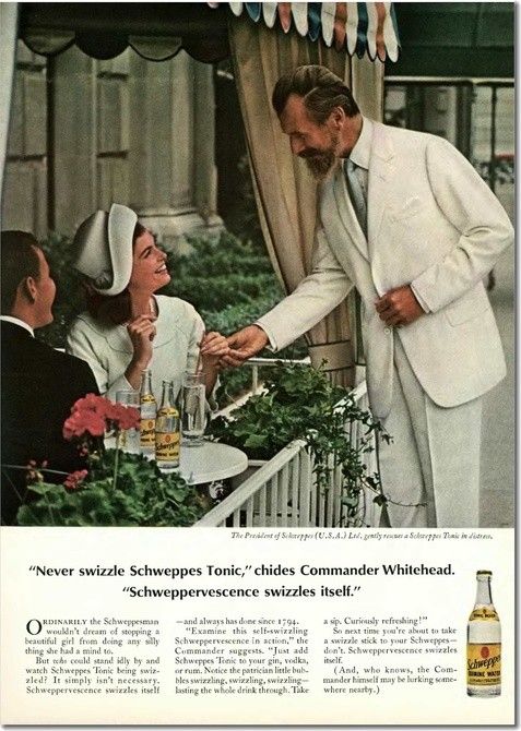 Publicité Schweppes - Commander Whitehead - Agence Ogilvy - Années 50/60 - Never swizzle Schweppes tonic