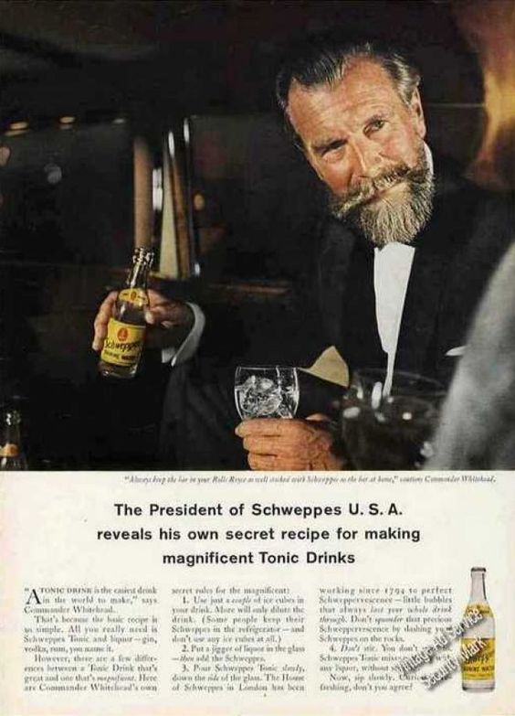 Publicité Schweppes - Commander Whitehead - Agence Ogilvy - Années 50/60 - The President of Schweppes USA reveals his own secret recipe for making magnificent Tonic Drinks