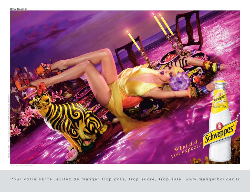 Publicité Schweppes - What did you expect - Uma Thurman - Photo David LaChapelle - panthère - table - Lascive - Agence Fred&Farid - 2011