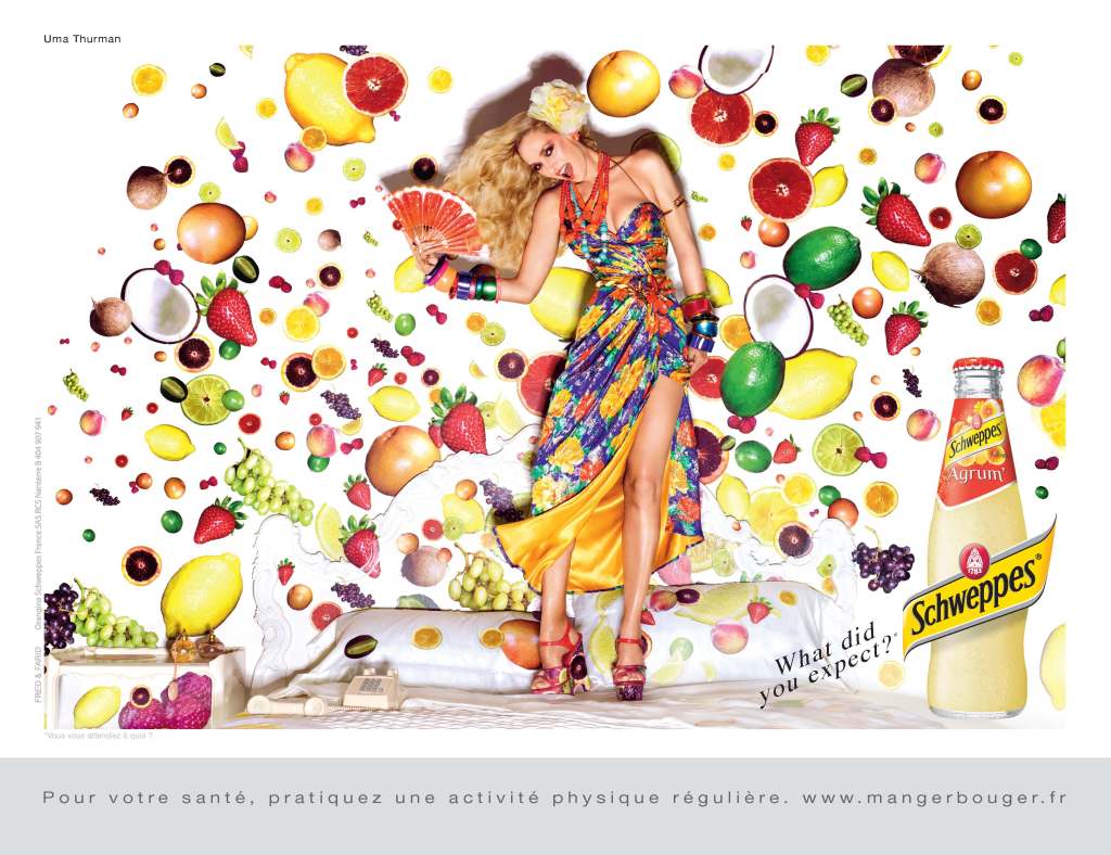 Publicité Schweppes - What did you expect - Uma Thurman - Photo David LaChapelle - Lit - Fruits - Agence Fred&Farid - 2011