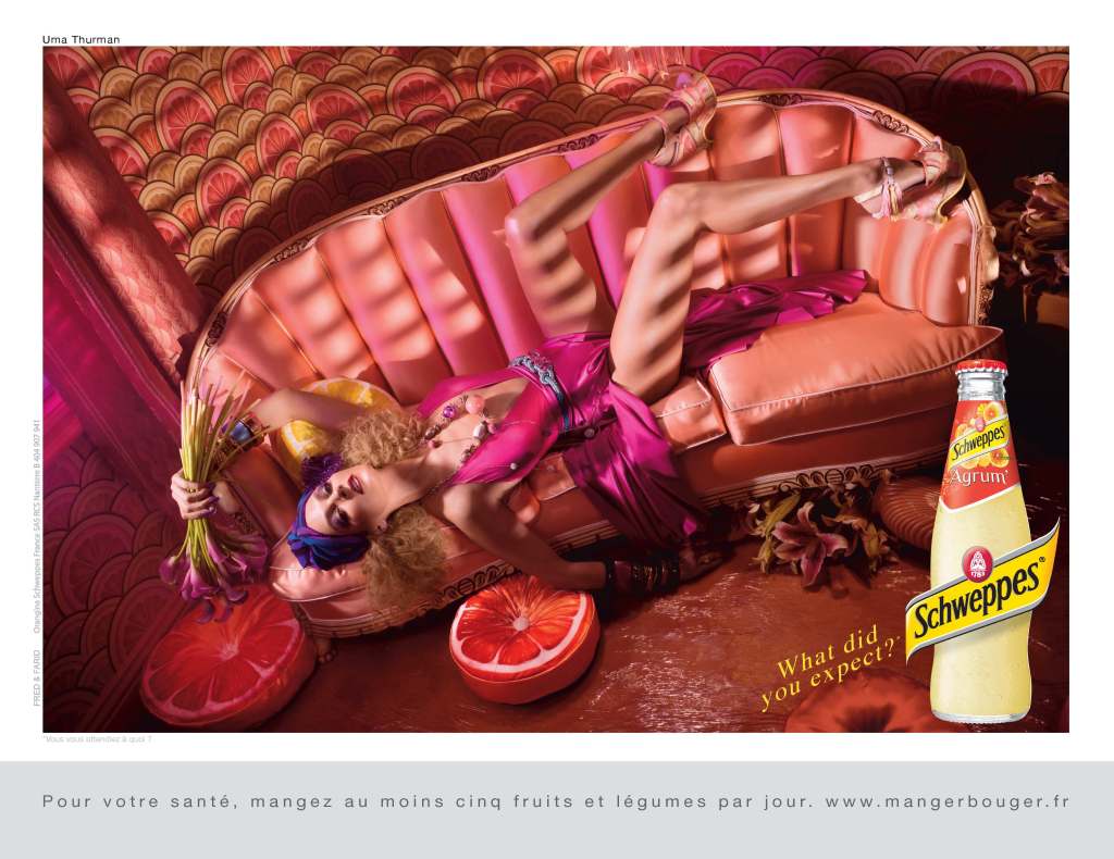 Publicité Schweppes - What did you expect - Uma Thurman - Photo David LaChapelle - Canapé - Lascive - Agence Fred&Farid - 2011