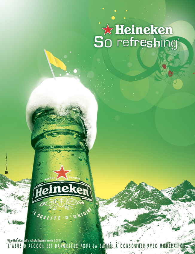 publicité Heineken - So refreshing - Agence Publicis - 2008 - Bouteille - Sommet de montagne