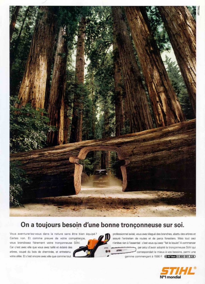 Publicité Stihl - Tronçonneuse - Séquoïa découpé à la forme de la voiture — Agence Louis XiV