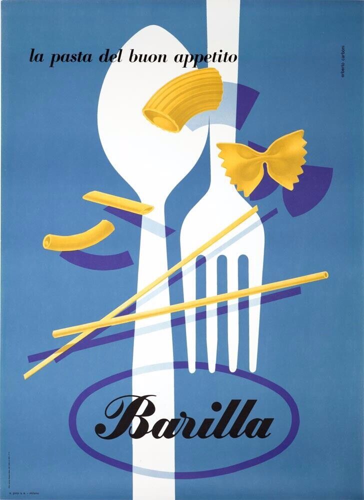 Publicité Barilla - Ancienne affiche années 50 - Dessin de couverts avec plusieurs pâtes
