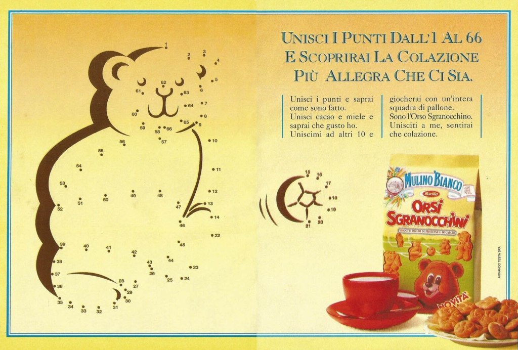 Publicité Barilla - Mulino Bianco - Orsi Sgranocchini - Jeu pour enfant avec des points numérotés à tracer - Agence Armando Testa