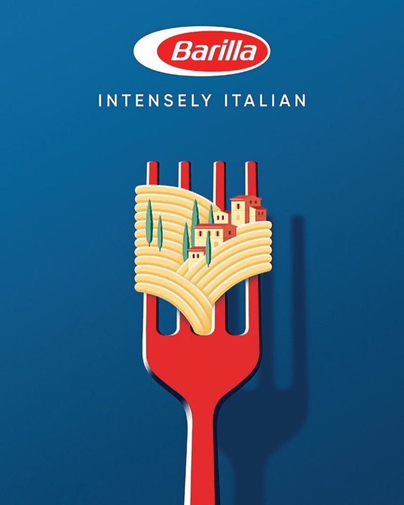 Publicité Barilla - Intensely Italian - Agence Bray Leino - Grande-Bretagne - 2022 - Illustrations — Village au-dessus d'un spaghetti enroulé autour d'une fourchette - Évocation Toscane