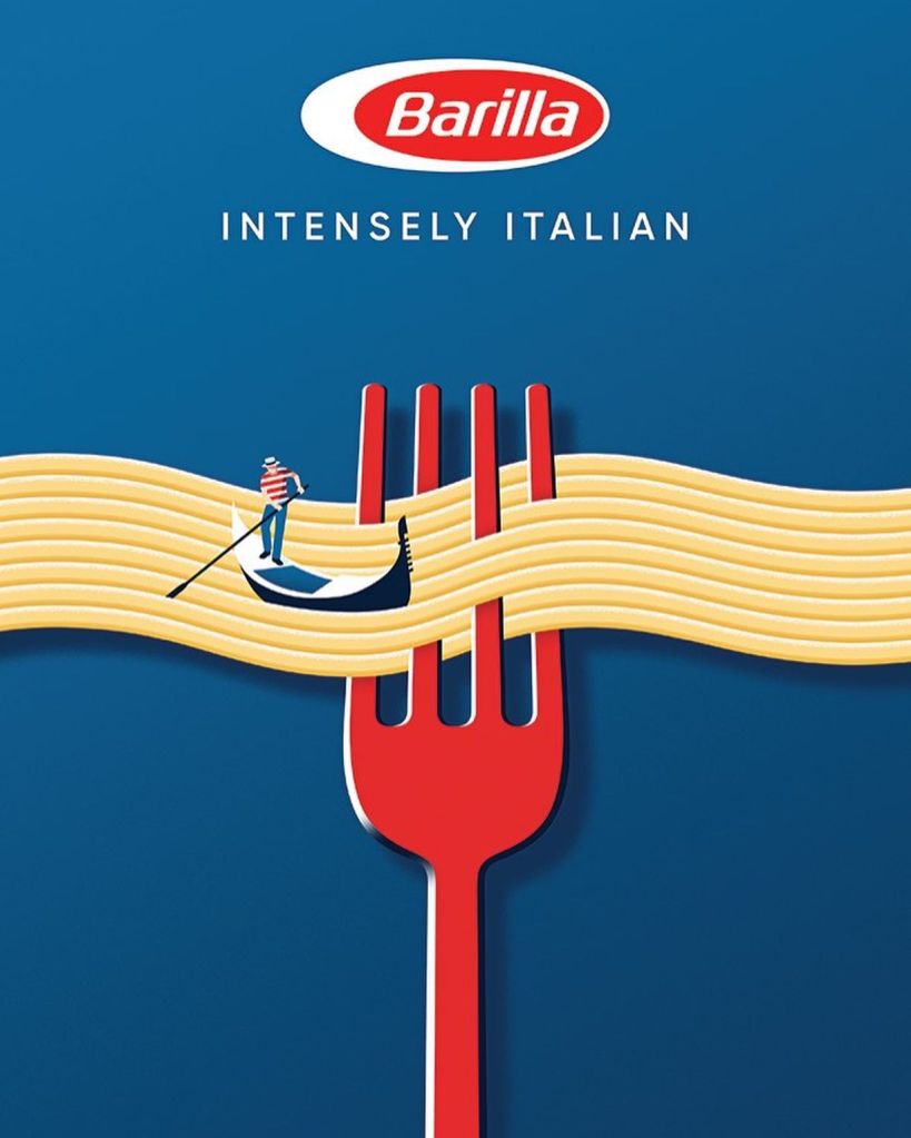 Publicité Barilla - Intensely Italian - Agence Bray Leino - Grande-Bretagne - 2022 - Illustrations — Spaghettis traversant une fourchette  avec une gondole au-dessus - Évocation de Venise