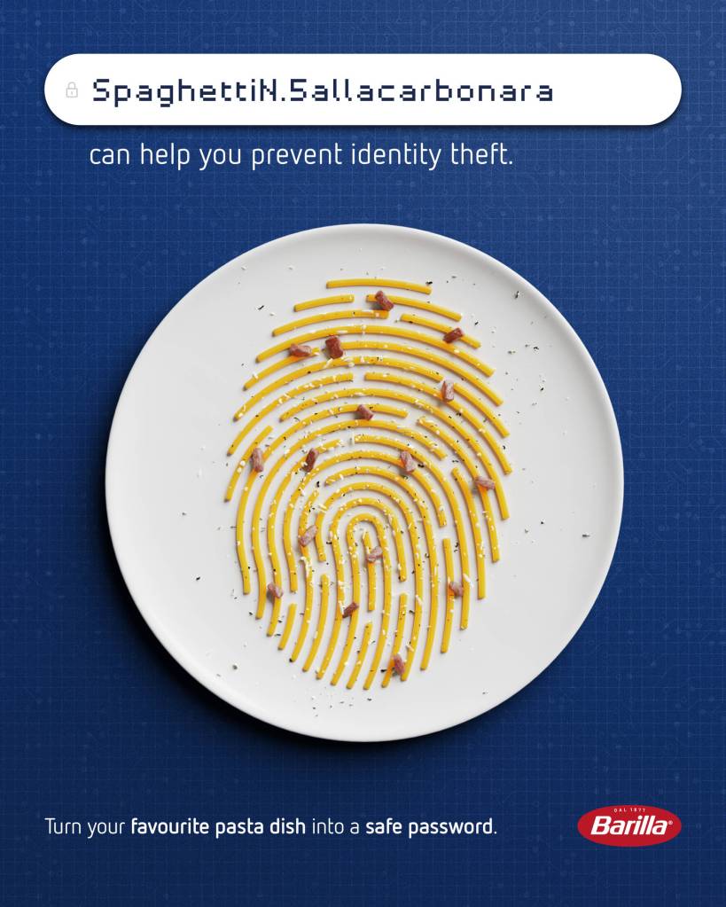 Publicité Barilla - Pastaword - Agence We are social - Italie - 2023 - Transformez votre plat de pâtes en mot de passe sécurisé - Spaghetti alla carbonara - Empreinte digitale