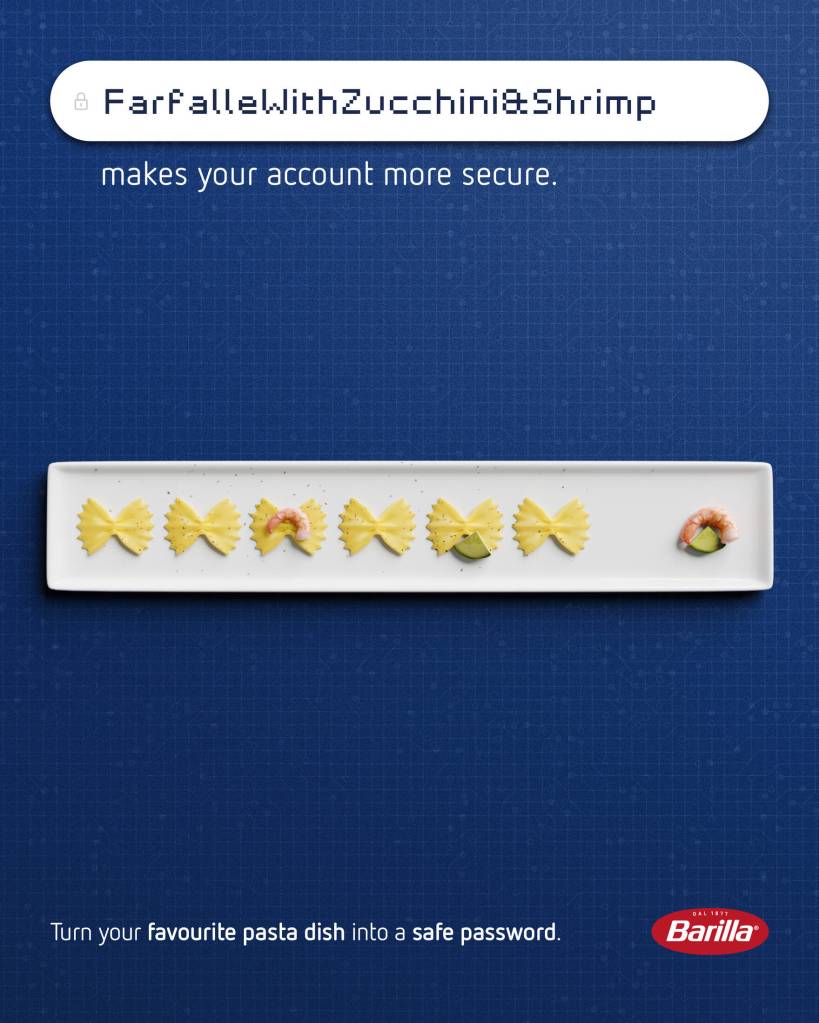 Publicité Barilla - Pastaword - Agence We are social - Italie - 2023 - Transformez votre plat de pâtes en mot de passe sécurisé - Farfalle with zucchini & shrimp - Barre de mot de passe