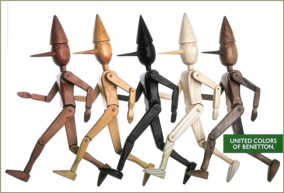 Publicité Benetton - United colors of Benetton — Oliviero Toscani - Plusieurs pantins en bois rappelant Pinocchio de différentes couleurs - 1991