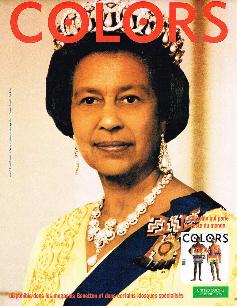 Publicité Benetton - Magazine Colors - Couverture - Disponible en magasins et certains kiosques - 1993 - Reine d'Angleterre métis