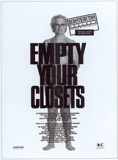 Publicité Benetton - I want my clothes back - Luciano Benetton nu - révélation - Empty your closets - Collaboration avec Caritas - noir et blanc - Oliviero Toscani - 1993