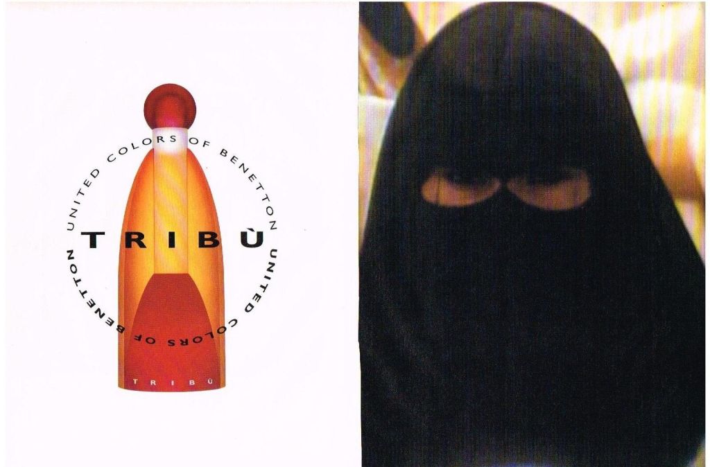 Publicité Benetton - Parfum - Tribu – Double page - Côté gauche : Bouteille en gros plan. Côté droit : Femme en voile intégrale - 1994 