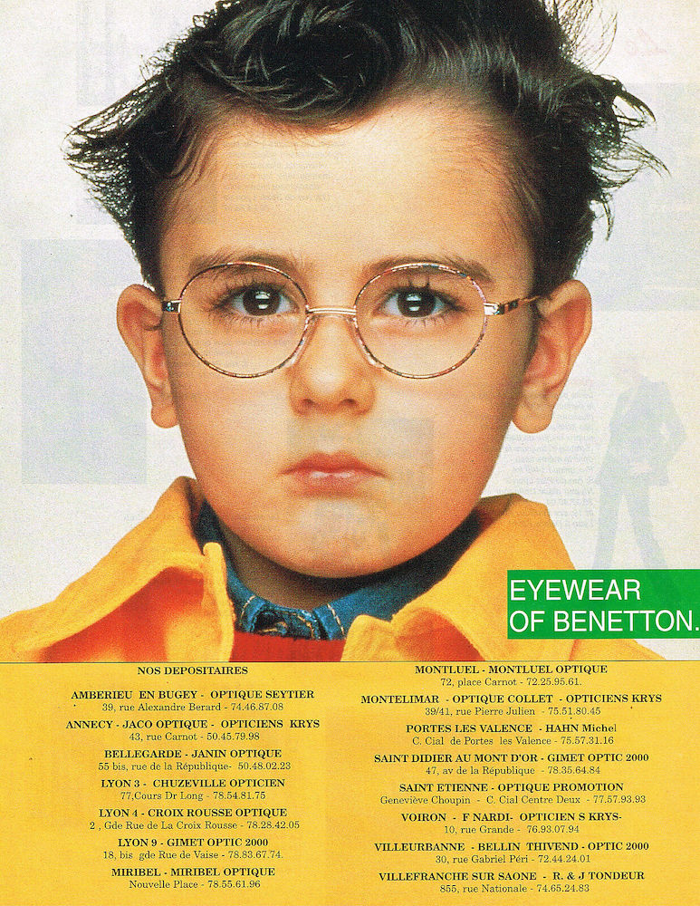 Publicité Benetton - Lunettes - Eyewear of Benetton - Portrait d'enfant avec des lunettes - Liste d'opticiens - La Fabrica - Oliviero Toscani - 1996