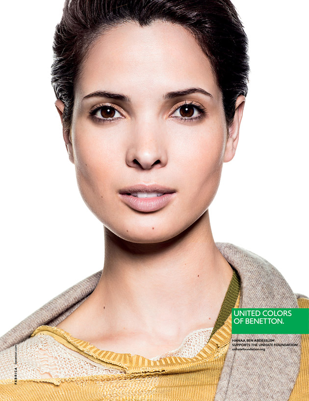 Publicité Benetton - Support Unhate Foundation - La Fabrica - 2013 - Portrait Hanaa Ben Abdesselem - Hanaa Ben Abdesselem supports the Unhate foundation