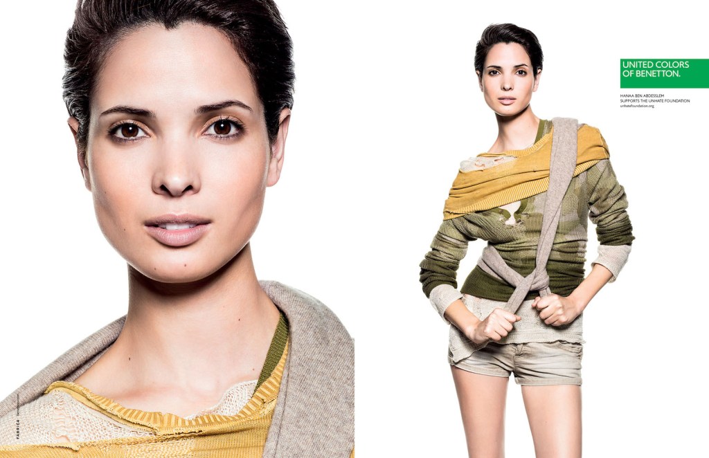Publicité Benetton - Support Unhate Foundation - La Fabrica - 2013 - Portrait Hanaa Ben Abdesselem - Hanaa Ben Abdesselem supports the Unhate foundation - Double page