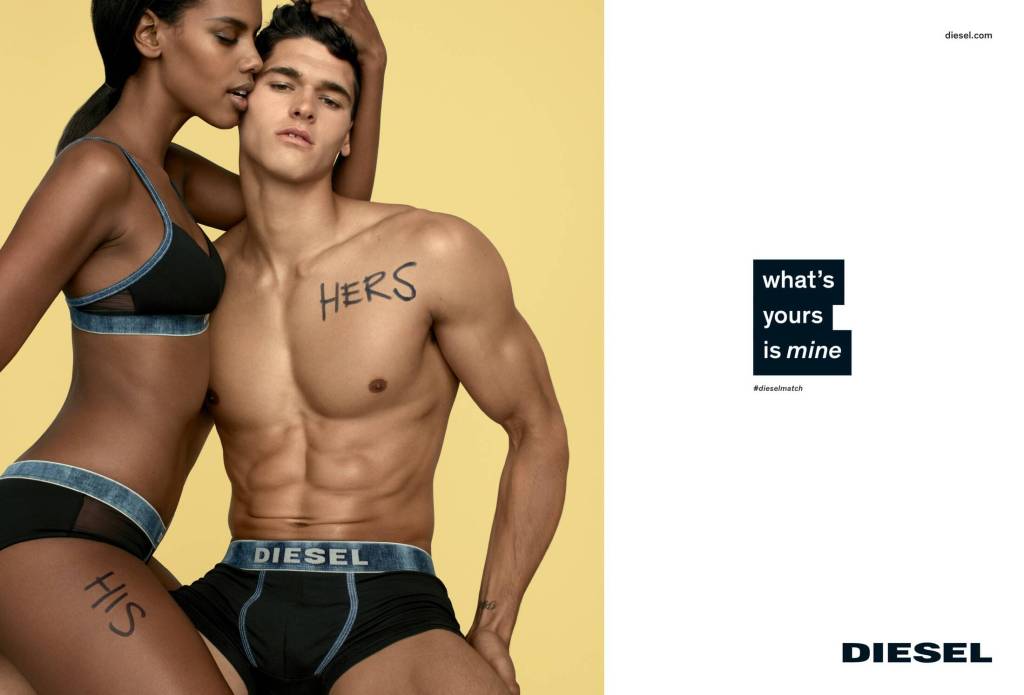 Publicité Diesel - Emojis - Agence Spring Studios - USA - 2016 - Couple en sous-vêtements - Inscriptions sur leurs corps - Hers - His - What's your mine
