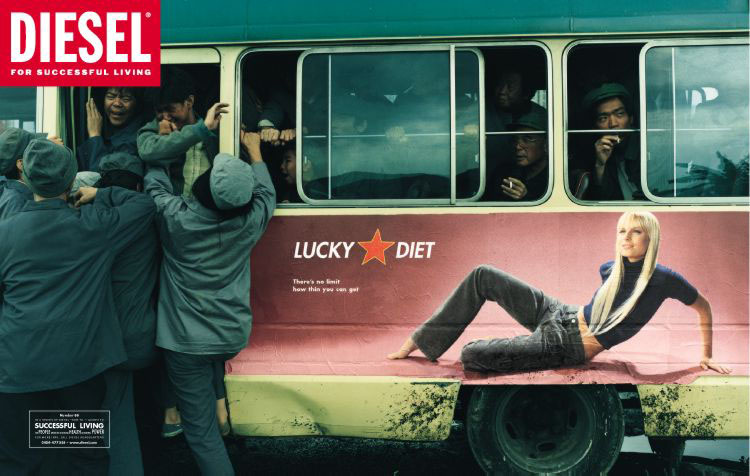 Publicité Diesel - Advertising New Market - Agence Paradiset - Suède - 1997 - Flanc d'un bus chinois avec publicité Lucky diet