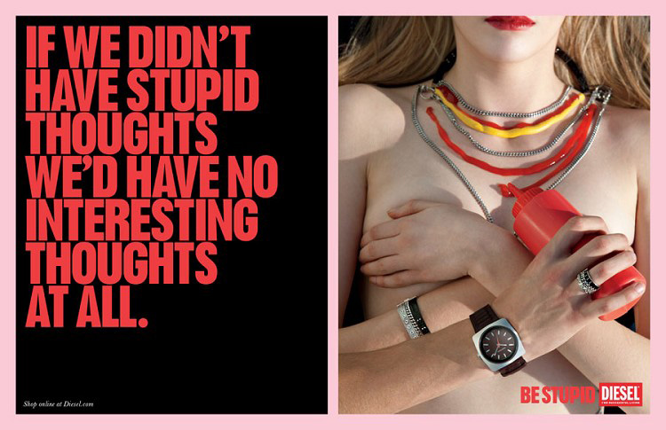 Publicité Diesel - Be stupid - Agence Anomaly - USA - 2012 - If we don't have stupid thoughts we'd have no interesting thoughts at all - Femme se met du ketchup et de la mayonnaise en guise de collier
