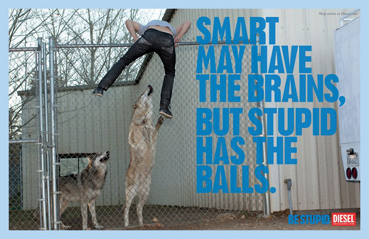 Publicité Diesel - Be stupid - Agence Anomaly - USA - 2012 - Smart may have the brains, but stupid has the balls - Un homme escalade un grillage pour échapper à des chiens