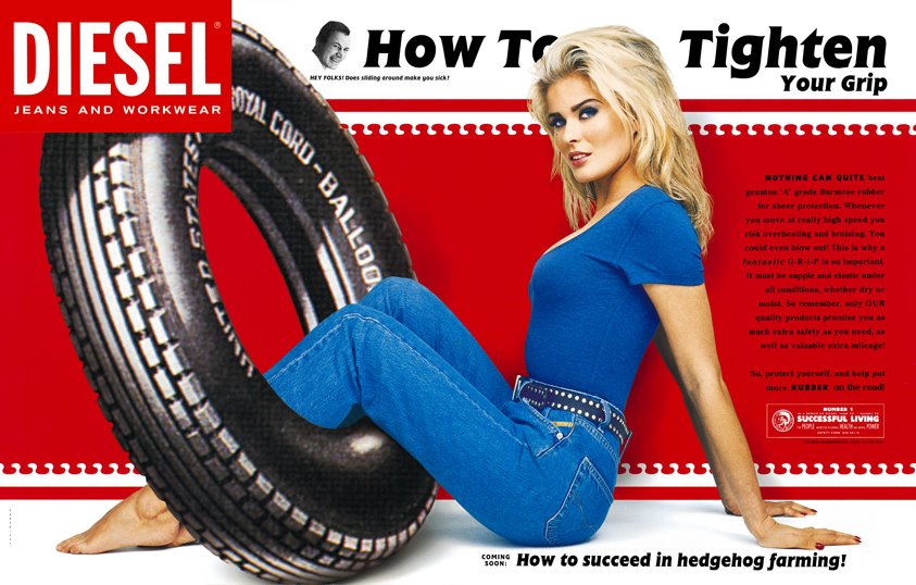 Publicité Diesel - Careers and self improvment - Agence Paradiset - Suède - How to succeed in hedgedog farming - Femme en jeans, les jambes dans un pneu