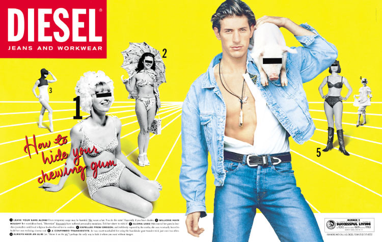 Publicité Diesel - Careers and self improvment - Agence Paradiset - Suède - How to hide your chewing-gum - Femmes avec les yeux barrés - Homme ayant un chien sur son épaule qui a les yeux avec un bandeau noir