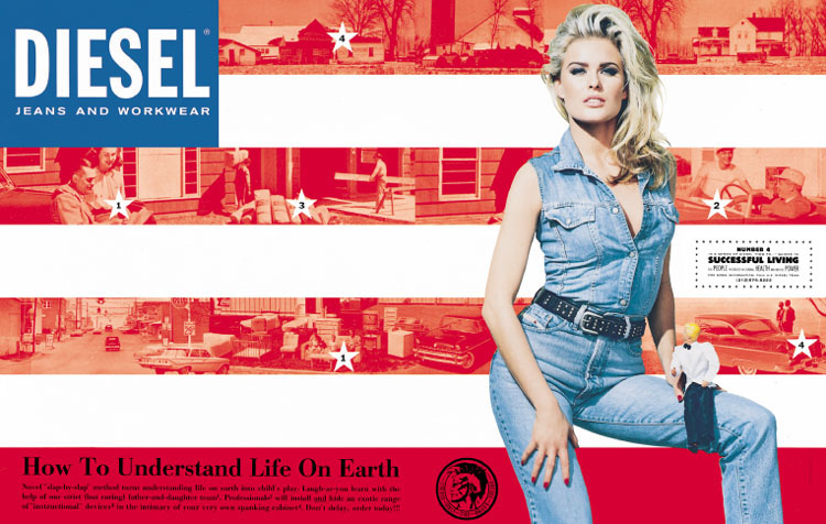 Publicité Diesel - Careers and self improvment - Agence Paradiset - Suède - How to understand life on earth - Femme blonde devant une évocation du drapeau américain
