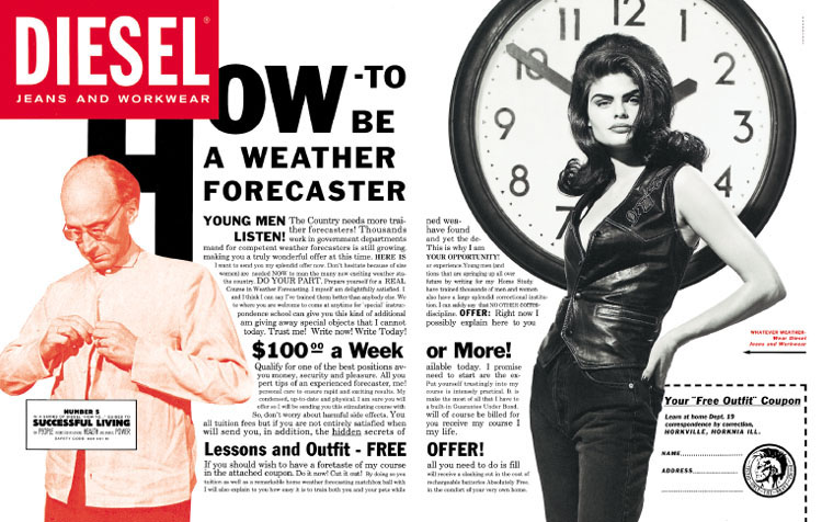 Publicité Diesel - Careers and self improvment - Agence Paradiset - Suède - How to be the weather forecaster - Femme brune en noir et blanc devant une pendule - Homme attache sa chemise