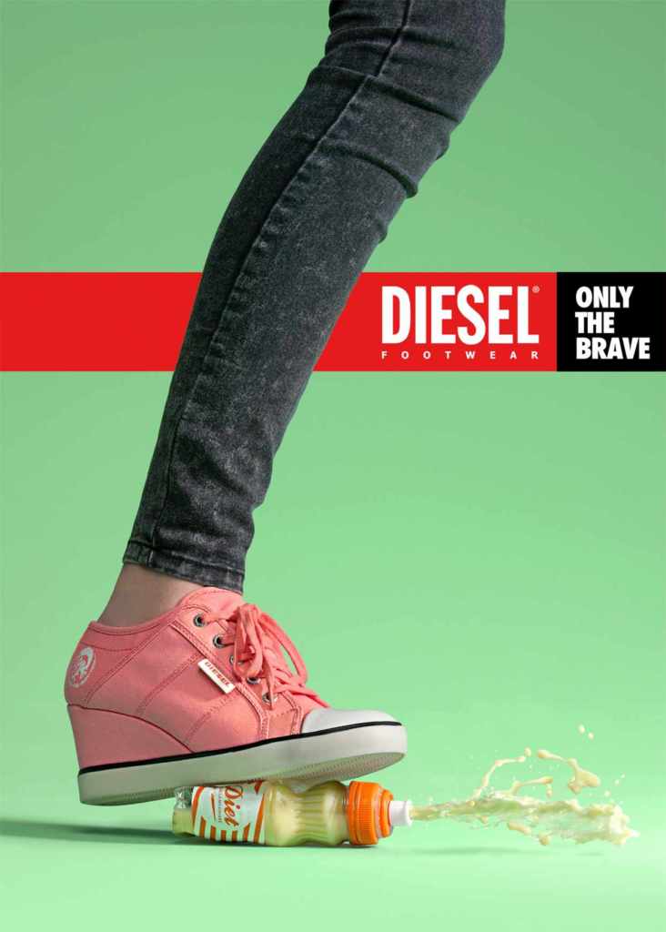 Publicité Diesel - Only the brave - Chaussures - Footwear - Agence Imaginarte - Espagne - 2014 - Chaussure écrasant un flacon de mayonnaise