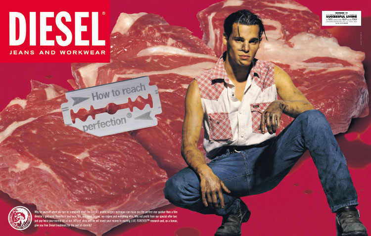 Publicité Diesel - Finding balance in time - Agence Paradiset - Suède - 1993 - How to reach perfection - Homme devant image de morceaux de viande