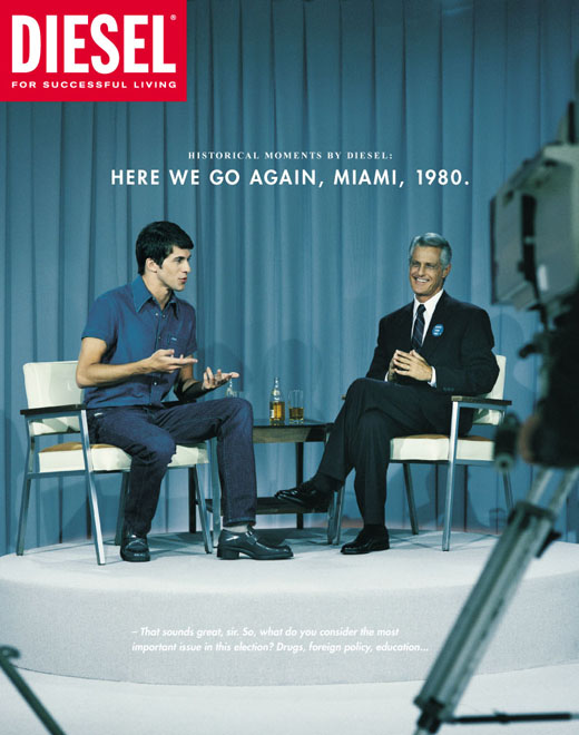 Publicité Diesel - Historical Moment - Agence Paradiset - Suède - 1997 - Here we go again, Miami, 1980 - Débat politique entre deux hommes
