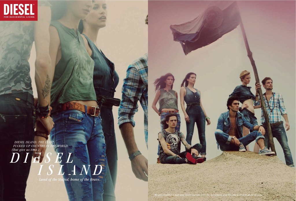 Publicité Diesel - Diesel Island - Agence Santo - Grande Bretagne - 2011 - Jeunes près d'un drapeau et regardant au loin