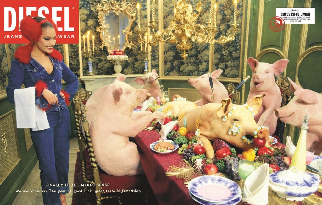 Publicité Diesel - Making sense of it all - Agence Paradiset - Suède - 1994 - Femme sert un cochon à des cochons attablés