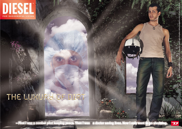 Publicité Diesel - Searching for the meaning of life - Agence DDB Paradiset DDB - Suède - The luxury of dirt - First I was a combat pilot keeping peace. Then I was a doctor saving lives - Homme avec casque d'aviateur