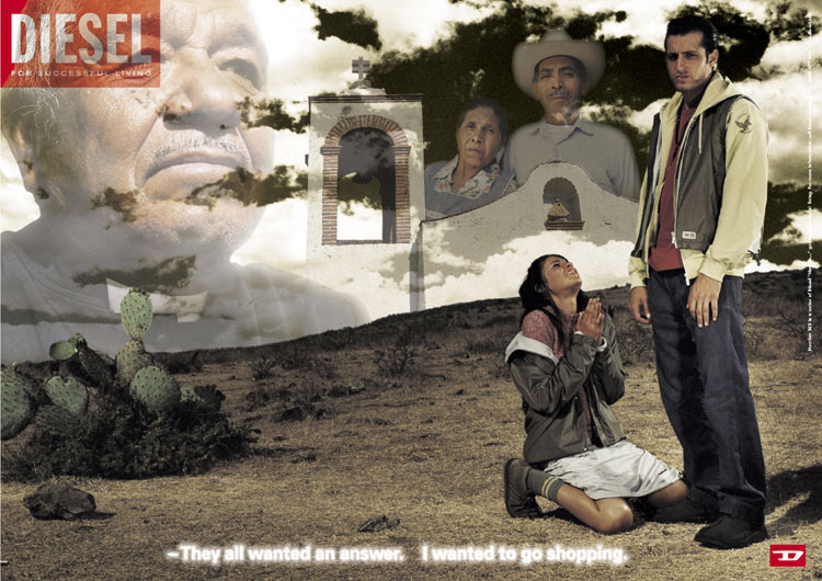 Publicité Diesel - Searching for the meaning of life - Agence DDB Paradiset DDB - Suède - They all wanted an answer - Femme supplie un homme à ses pieds