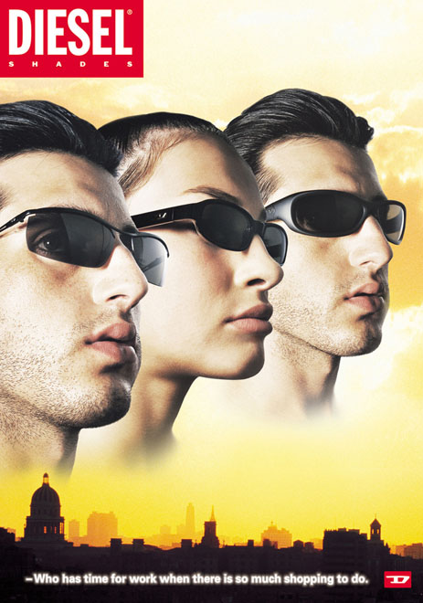 Publicité Diesel - Searching for the meaning of life - Agence DDB Paradiset DDB - Suède - 3 visages portant des lunettes dans le ciel jaune au dessus d'une ville - Who has time for work when there is so much shopping to do