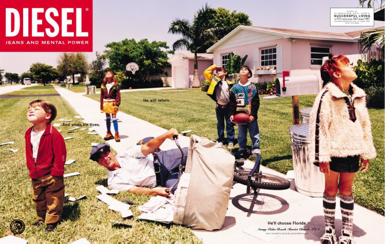 Publicité Diesel - Modern Living - Agence Paradiset - Suède - 1995 - Des enfants regardent vers le ciel, le facteur est à terre