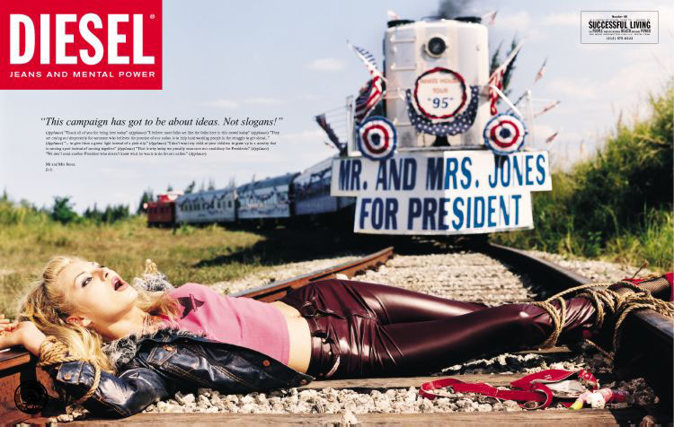Publicité Diesel - Modern Living - Agence Paradiset - Suède - 1995 - Une jeune femme attachée sur des rails - Le train du candidat Jones arrive